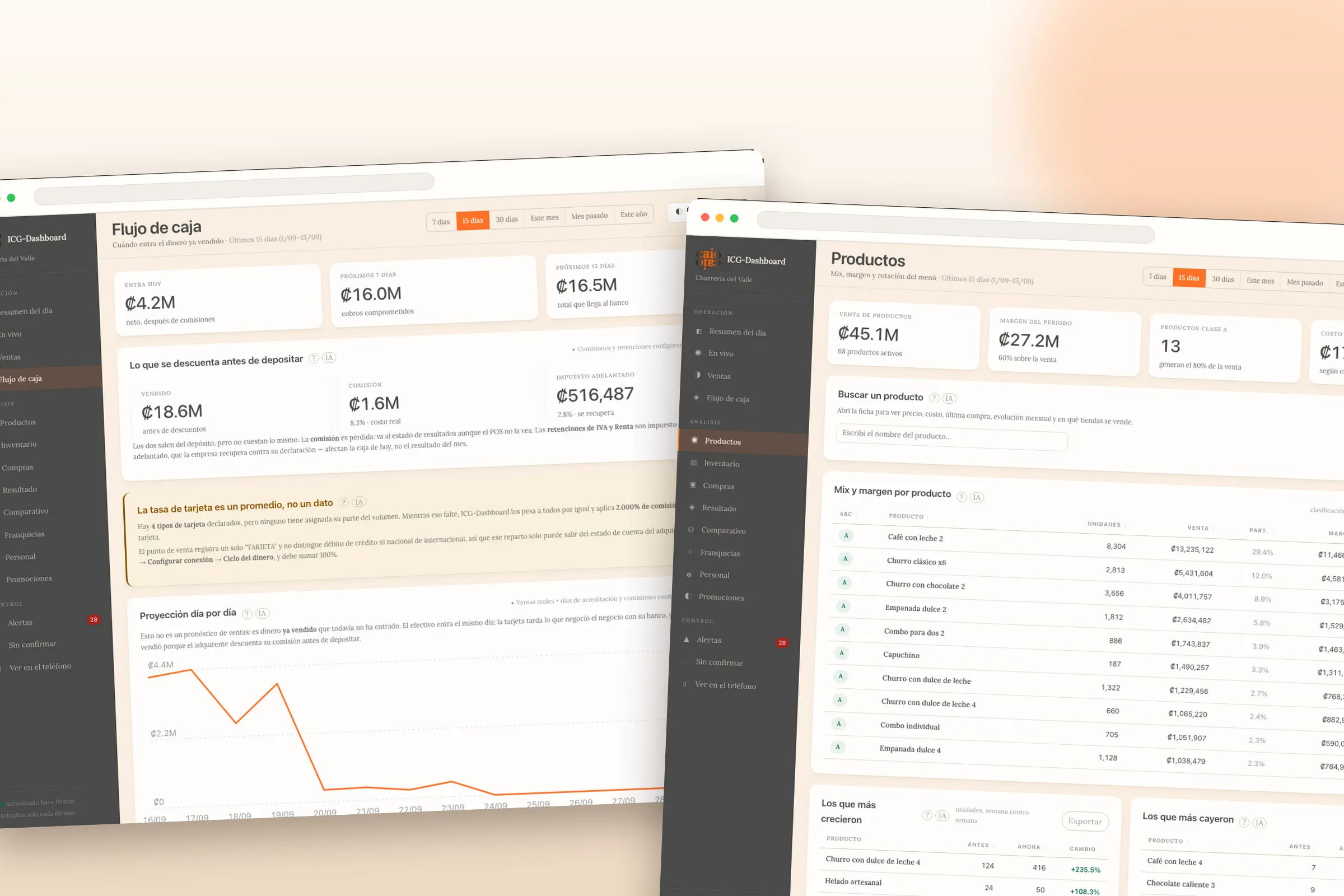 Flujo de caja y rentabilidad por producto en dashboard ICG